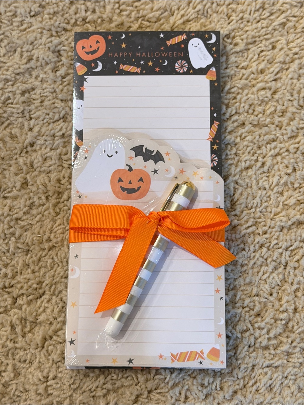 Halloween Ghost & Pumpkin Notepad with Orange Ribbon and Striped Pen
